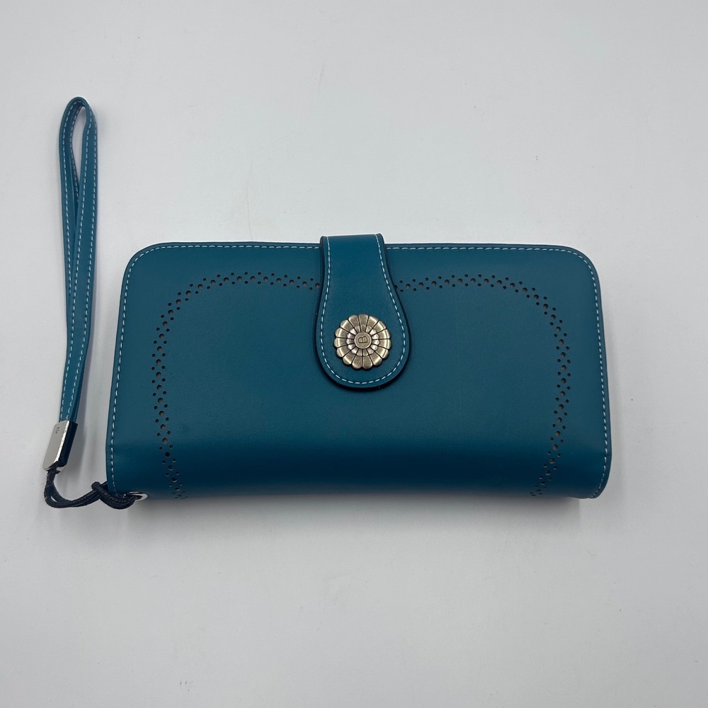 Bostanten Teal Blue Perforated Bifold Wristlet Wallet Flower Snap Large